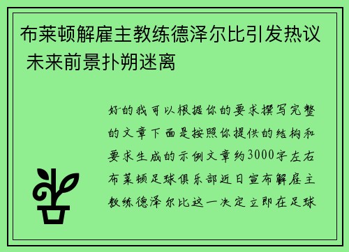 布莱顿解雇主教练德泽尔比引发热议 未来前景扑朔迷离