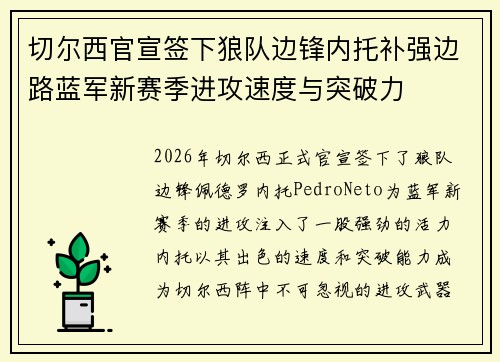 切尔西官宣签下狼队边锋内托补强边路蓝军新赛季进攻速度与突破力 切尔西官宣签下狼队边锋内托补强边路蓝军新赛季进攻速度与突破力
